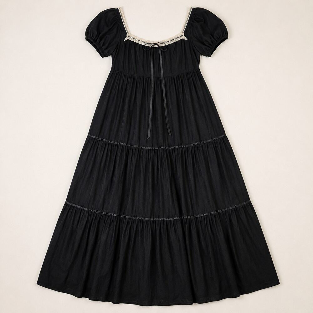 Vintage Victoria's Secret Black Lace Cottagecore Tiered Maxi-dress Gown Size L